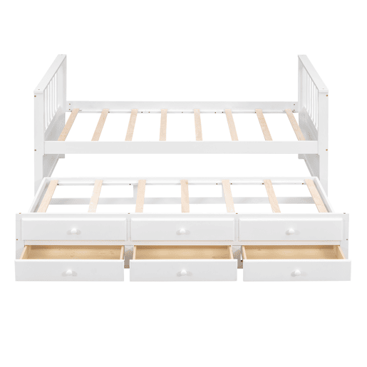 Cama de madeira 90x200 cm com cama de rodízio 90x190 cm - 3 gavetas - Branco