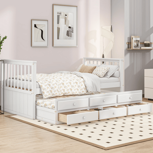 Cama de madeira 90x200 cm com cama de rodízio 90x190 cm - 3 gavetas - Branco