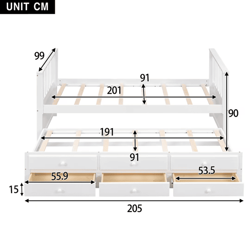 Cama de madeira 90x200 cm com cama de rodízio 90x190 cm - 3 gavetas - Branco