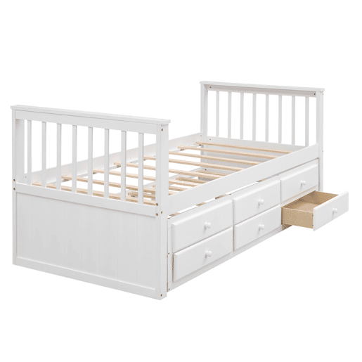 Cama de madeira 90x200 cm com cama de rodízio 90x190 cm - 3 gavetas - Branco