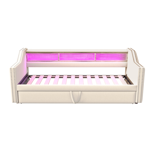 Sofá-cama 90180x190cm em linho - com LED e USB - com base de ripas - Bege Sofá-cama 90180x190cm em linho - com LED e USB - com base de ripas - Bege