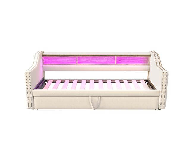 Sofá cama extraíble 90/180x190cm de lino - con led y usb - con somier - beige
