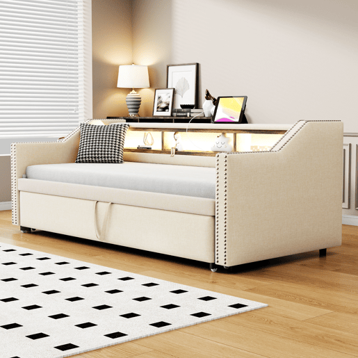 Sofá-cama 90180x190cm em linho - com LED e USB - com base de ripas - Bege Sofá-cama 90180x190cm em linho - com LED e USB - com base de ripas - Bege