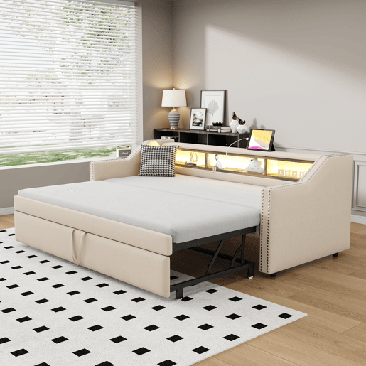 Sofá-cama 90180x190cm em linho - com LED e USB - com base de ripas - Bege Sofá-cama 90180x190cm em linho - com LED e USB - com base de ripas - Bege