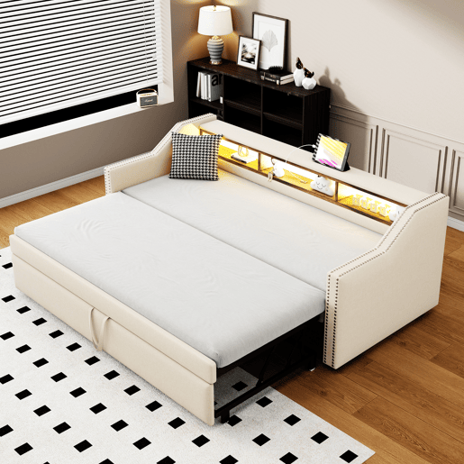 Sofá-cama 90180x190cm em linho - com LED e USB - com base de ripas - Bege Sofá-cama 90180x190cm em linho - com LED e USB - com base de ripas - Bege