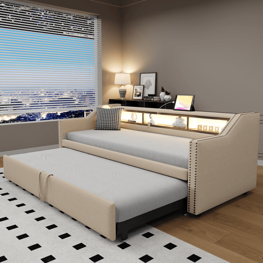 Sofá-cama 90180x190cm em linho - com LED e USB - com base de ripas - Bege Sofá-cama 90180x190cm em linho - com LED e USB - com base de ripas - Bege