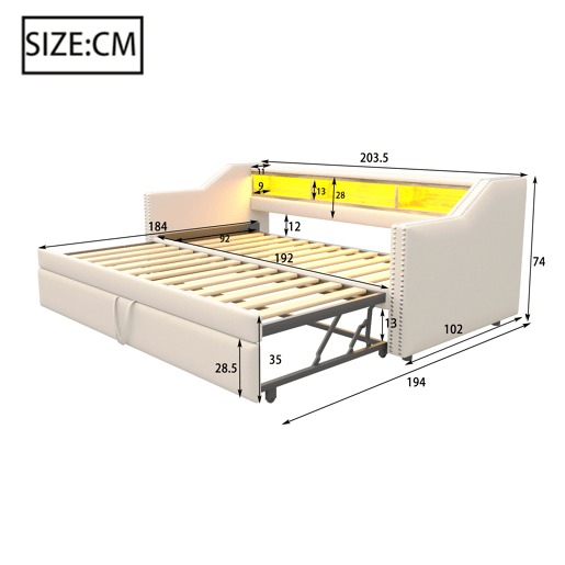 Sofá-cama 90180x190cm em linho - com LED e USB - com base de ripas - Bege Sofá-cama 90180x190cm em linho - com LED e USB - com base de ripas - Bege