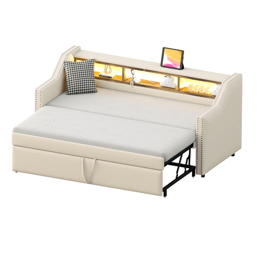 Sofá-cama 90180x190cm em linho - com LED e USB - com base de ripas - Bege Sofá-cama 90180x190cm em linho - com LED e USB - com base de ripas - Bege