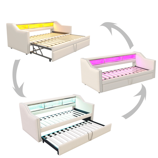 Sofá-cama 90180x190cm em linho - com LED e USB - com base de ripas - Bege Sofá-cama 90180x190cm em linho - com LED e USB - com base de ripas - Bege