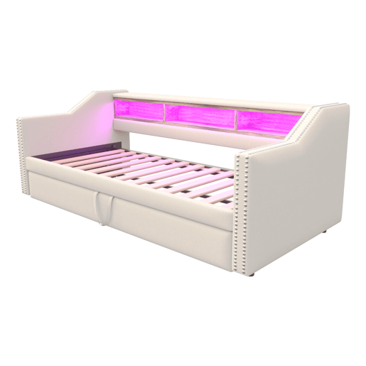 Sofá-cama 90180x190cm em linho - com LED e USB - com base de ripas - Bege Sofá-cama 90180x190cm em linho - com LED e USB - com base de ripas - Bege