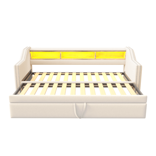 Sofá-cama 90180x190cm em linho - com LED e USB - com base de ripas - Bege Sofá-cama 90180x190cm em linho - com LED e USB - com base de ripas - Bege