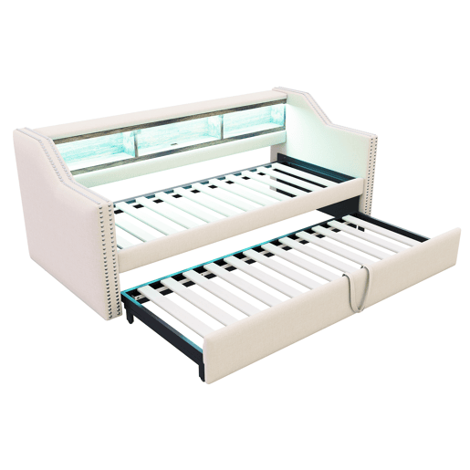 Sofá-cama 90180x190cm em linho - com LED e USB - com base de ripas - Bege Sofá-cama 90180x190cm em linho - com LED e USB - com base de ripas - Bege
