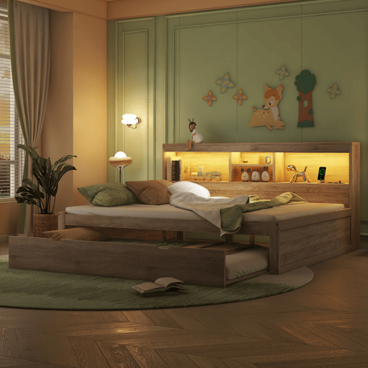 Divã de 140x200cm com cama com gavetão de 90x190cm - mesa de cabeceira com arrumação, LED e tomadas - Natruel