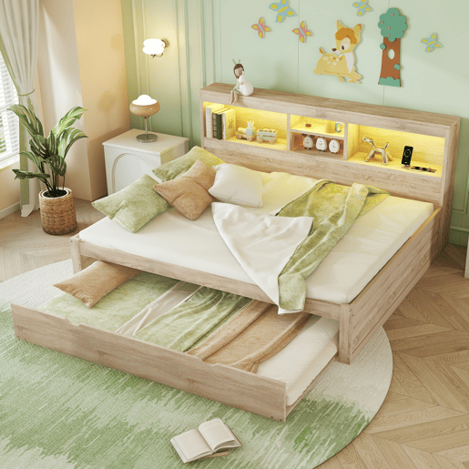 Divã de 140x200cm com cama com gavetão de 90x190cm - mesa de cabeceira com arrumação, LED e tomadas - Natruel