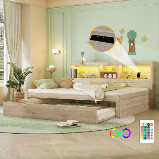 Divã de 140x200cm com cama com gavetão de 90x190cm - mesa de cabeceira com arrumação, LED e tomadas - Natruel