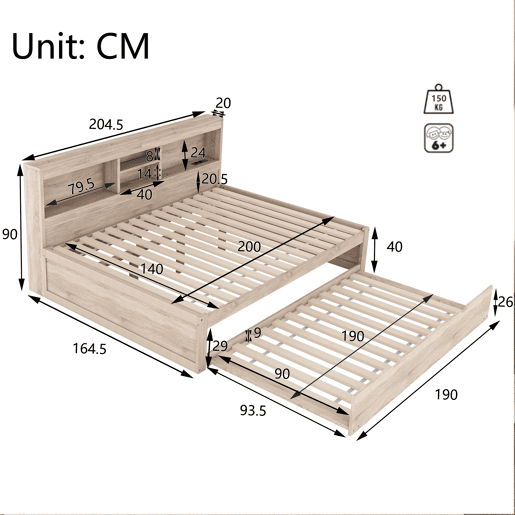 Divã de 140x200cm com cama com gavetão de 90x190cm - mesa de cabeceira com arrumação, LED e tomadas - Natruel