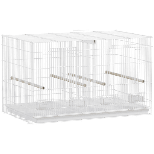 PawHut Gaiola para Pássaros com Divisória Gaiola para Aves com 4 Comedouros 4 Poleiros e Bandeja Amovível Gaiola para Canários Periquitos 76x46x46 cm Branco