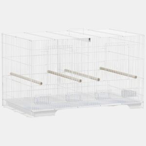 PawHut Gaiola para Pássaros com Divisória Gaiola para Aves com 4 Comedouros 4 Poleiros e Bandeja Amovível Gaiola para Canários Periquitos 76x46x46 cm Branco