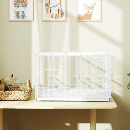 PawHut Gaiola para Pássaros com Divisória Gaiola para Aves com 4 Comedouros 4 Poleiros e Bandeja Amovível Gaiola para Canários Periquitos 76x46x46 cm Branco