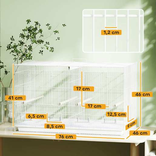 PawHut Gaiola para Pássaros com Divisória Gaiola para Aves com 4 Comedouros 4 Poleiros e Bandeja Amovível Gaiola para Canários Periquitos 76x46x46 cm Branco