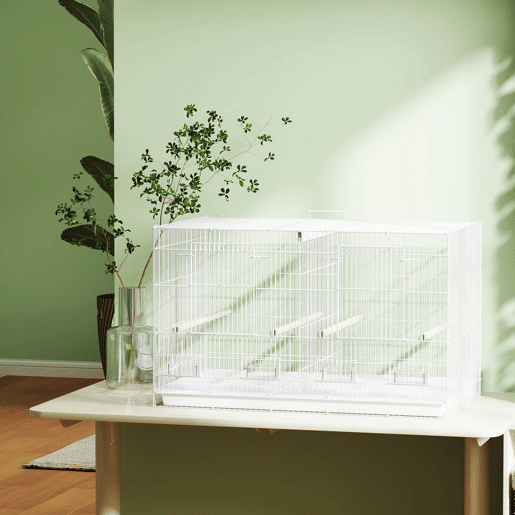 PawHut Gaiola para Pássaros com Divisória Gaiola para Aves com 4 Comedouros 4 Poleiros e Bandeja Amovível Gaiola para Canários Periquitos 76x46x46 cm Branco