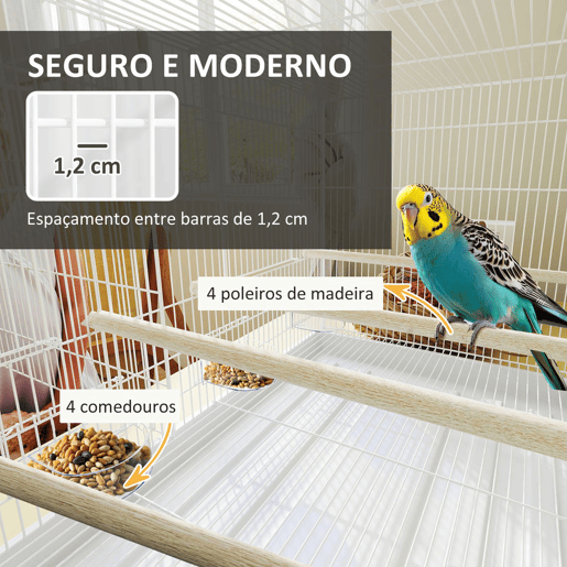 PawHut Gaiola para Pássaros com Divisória Gaiola para Aves com 4 Comedouros 4 Poleiros e Bandeja Amovível Gaiola para Canários Periquitos 76x46x46 cm Branco