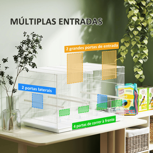 PawHut Gaiola para Pássaros com Divisória Gaiola para Aves com 4 Comedouros 4 Poleiros e Bandeja Amovível Gaiola para Canários Periquitos 76x46x46 cm Branco