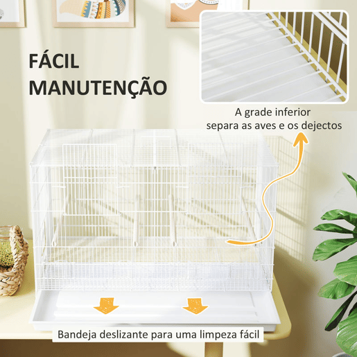 PawHut Gaiola para Pássaros com Divisória Gaiola para Aves com 4 Comedouros 4 Poleiros e Bandeja Amovível Gaiola para Canários Periquitos 76x46x46 cm Branco