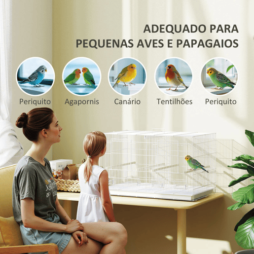 PawHut Gaiola para Pássaros com Divisória Gaiola para Aves com 4 Comedouros 4 Poleiros e Bandeja Amovível Gaiola para Canários Periquitos 76x46x46 cm Branco