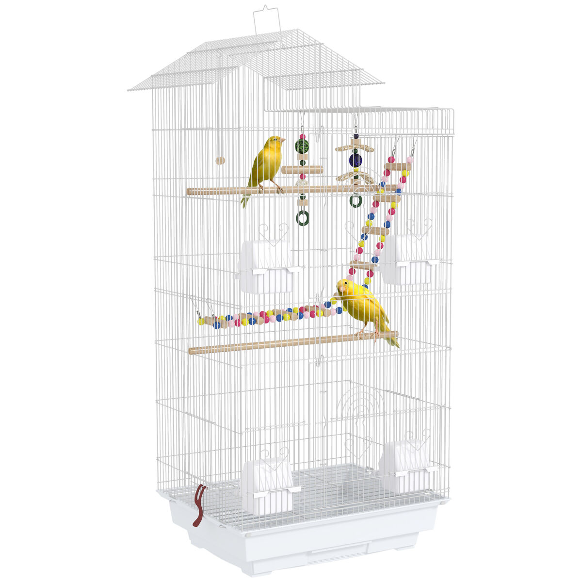 Pawhut jaula para pájaros pajarera con múltiples puertas 4 comederos 3 perchas columpio escaleras y bandeja extraíble para loros canarios periquitos 46x36x100 cm blanco