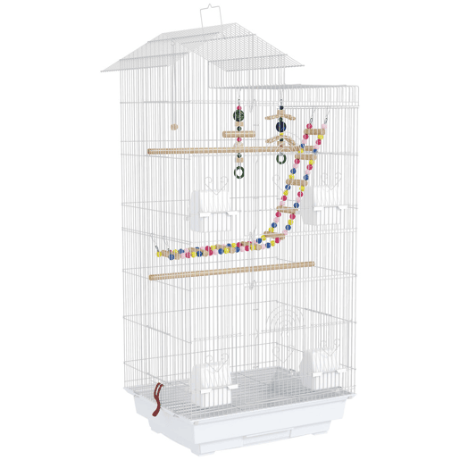 PawHut Gaiola para Passáros Gaiola de Metal com Múltiplas Portas 4 Comedouros 3 Poleiros Baloiço Escadas e Bandeja Removível para Periquitos Canários 46x36x100 cm Branco