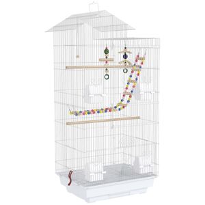 PawHut Gaiola para Passáros Gaiola de Metal com Múltiplas Portas 4 Comedouros 3 Poleiros Baloiço Escadas e Bandeja Removível para Periquitos Canários 46x36x100 cm Branco