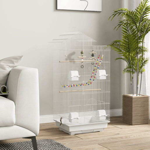 PawHut Gaiola para Passáros Gaiola de Metal com Múltiplas Portas 4 Comedouros 3 Poleiros Baloiço Escadas e Bandeja Removível para Periquitos Canários 46x36x100 cm Branco