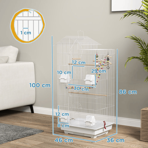 PawHut Gaiola para Passáros Gaiola de Metal com Múltiplas Portas 4 Comedouros 3 Poleiros Baloiço Escadas e Bandeja Removível para Periquitos Canários 46x36x100 cm Branco