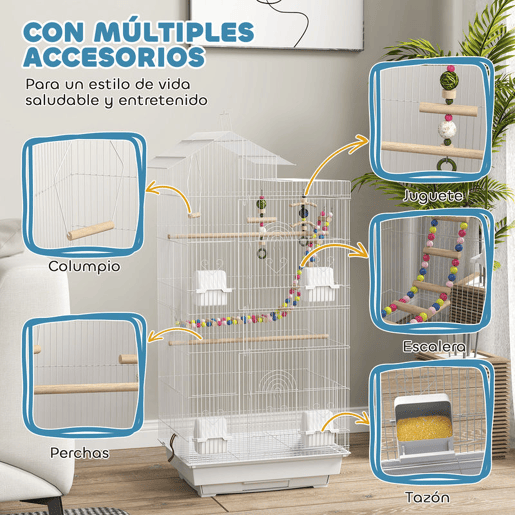 PawHut Gaiola para Passáros Gaiola de Metal com Múltiplas Portas 4 Comedouros 3 Poleiros Baloiço Escadas e Bandeja Removível para Periquitos Canários 46x36x100 cm Branco