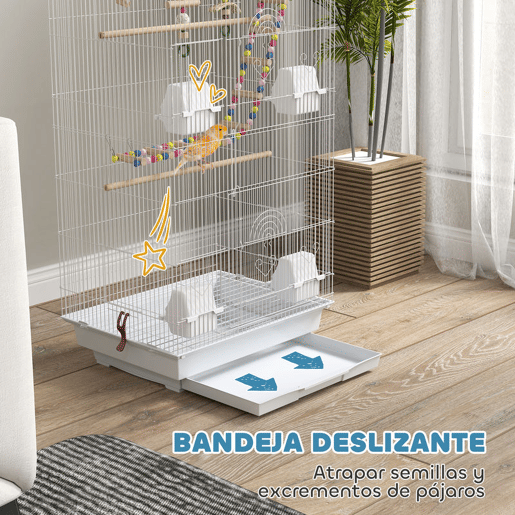 PawHut Gaiola para Passáros Gaiola de Metal com Múltiplas Portas 4 Comedouros 3 Poleiros Baloiço Escadas e Bandeja Removível para Periquitos Canários 46x36x100 cm Branco