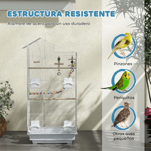 PawHut Gaiola para Passáros Gaiola de Metal com Múltiplas Portas 4 Comedouros 3 Poleiros Baloiço Escadas e Bandeja Removível para Periquitos Canários 46x36x100 cm Branco
