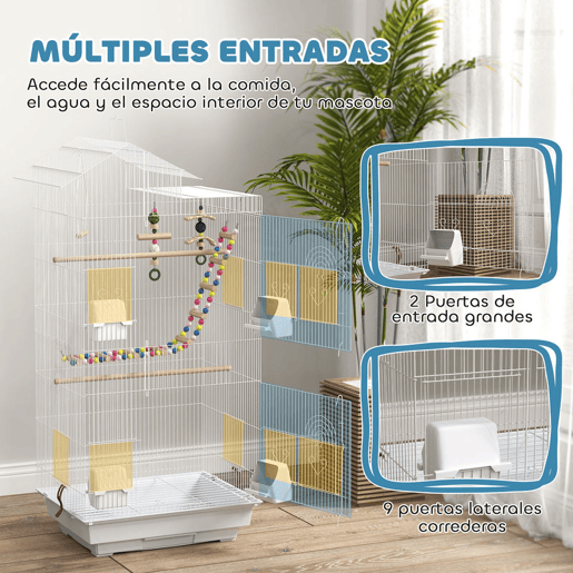 PawHut Gaiola para Passáros Gaiola de Metal com Múltiplas Portas 4 Comedouros 3 Poleiros Baloiço Escadas e Bandeja Removível para Periquitos Canários 46x36x100 cm Branco