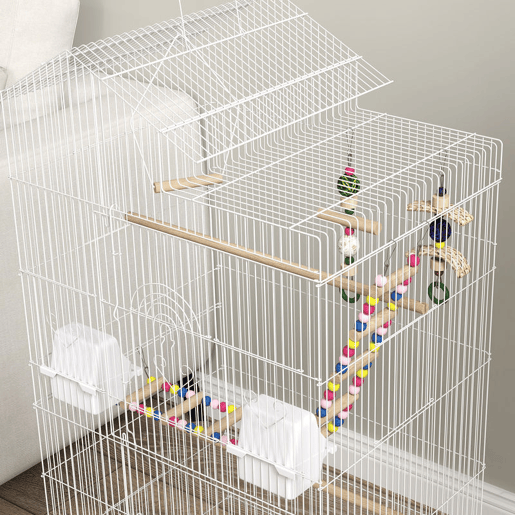 PawHut Gaiola para Passáros Gaiola de Metal com Múltiplas Portas 4 Comedouros 3 Poleiros Baloiço Escadas e Bandeja Removível para Periquitos Canários 46x36x100 cm Branco