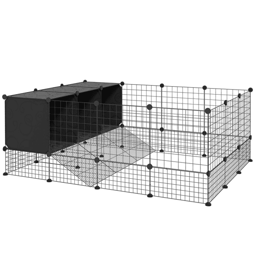 PawHut Recinto para Pequenos Animais Modular Parque para Coelhos com 39 Painéis 3 Abrigos para Cobaias Coelhos-da-Índia Preto