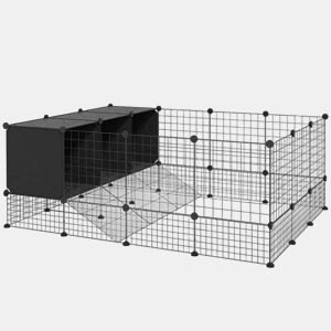 PawHut Recinto para Pequenos Animais Modular Parque para Coelhos com 39 Painéis 3 Abrigos para Cobaias Coelhos-da-Índia Preto