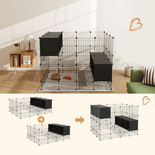 PawHut Recinto para Pequenos Animais Modular Parque para Coelhos com 39 Painéis 3 Abrigos para Cobaias Coelhos-da-Índia Preto