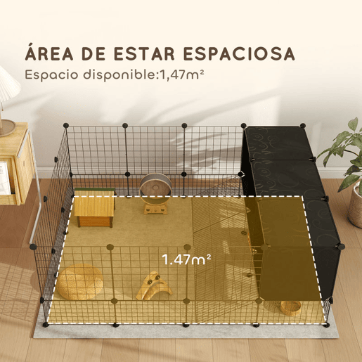 PawHut Recinto para Pequenos Animais Modular Parque para Coelhos com 39 Painéis 3 Abrigos para Cobaias Coelhos-da-Índia Preto