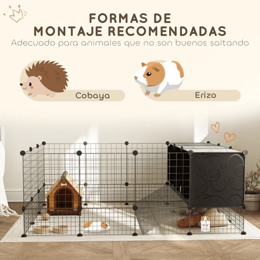 PawHut Recinto para Pequenos Animais Modular Parque para Coelhos com 39 Painéis 3 Abrigos para Cobaias Coelhos-da-Índia Preto