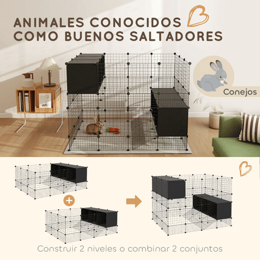 PawHut Recinto para Pequenos Animais Modular Parque para Coelhos com 39 Painéis 3 Abrigos para Cobaias Coelhos-da-Índia Preto