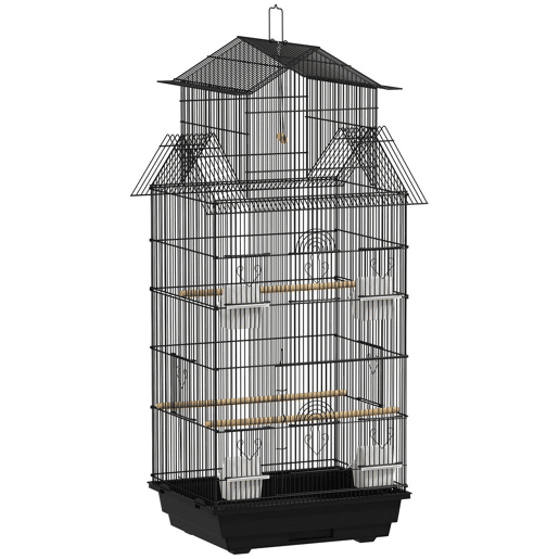 PawHut Gaiola de Metal para Pássaros com Bandeja Amovível Gaiola para Canários com 4 Comedouros 3 Poleiros e 1 Baloiço para Periquitos 50,5x41x104 cm Preto