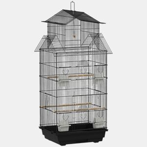 PawHut Gaiola de Metal para Pássaros com Bandeja Amovível Gaiola para Canários com 4 Comedouros 3 Poleiros e 1 Baloiço para Periquitos 50,5x41x104 cm Preto