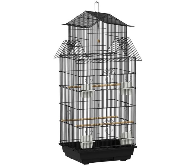 Pawhut jaula para pájaros de acero pajarera con comederos perchas columpio y bandeja extraíble jaula grande para loros canario periquito 50,5x41x104 cm negro