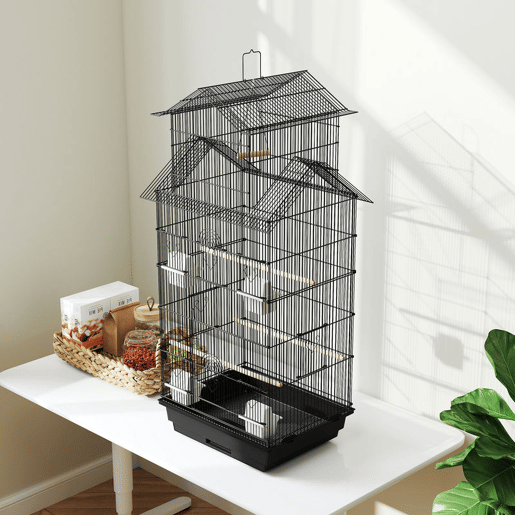 PawHut Gaiola de Metal para Pássaros com Bandeja Amovível Gaiola para Canários com 4 Comedouros 3 Poleiros e 1 Baloiço para Periquitos 50,5x41x104 cm Preto