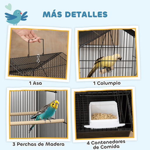 PawHut Gaiola de Metal para Pássaros com Bandeja Amovível Gaiola para Canários com 4 Comedouros 3 Poleiros e 1 Baloiço para Periquitos 50,5x41x104 cm Preto